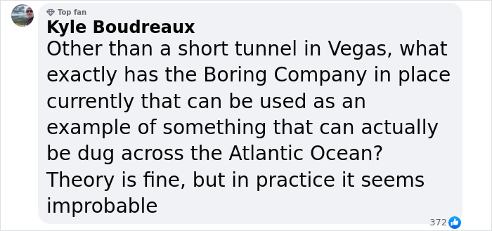 Text expressing skepticism about the feasibility of Elon Musk's $20 billion tunnel project for 54-minute travel London-New York.
