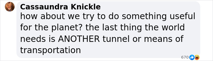 Comment questioning the need for a new transportation tunnel related to Elon Musk's London to New York project.