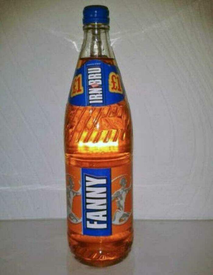 Scottish humor depicted with a bottle of Irn-Bru mislabeled as "F***y" with a £1 price tag.