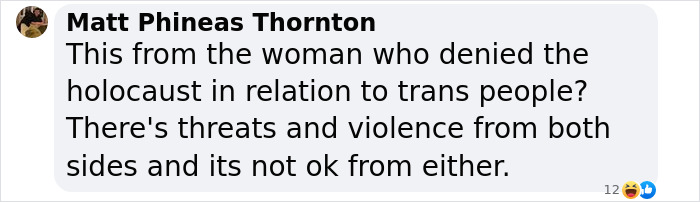 Comment reacting to JK Rowling's objection to a New York Times article, discussing threats and violence related to trans issues.