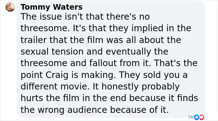 Social media post discussing a film's misleading trailer and its impact, mentioning Daniel Craig's perspective.