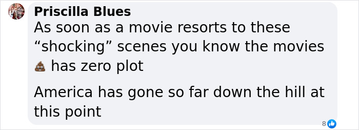 Comment criticizing shocking movie scenes and plot in a message by Priscilla Blues.
