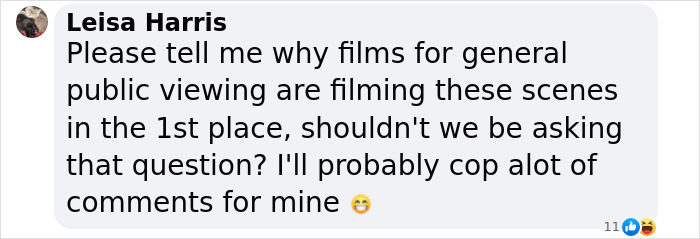 Comment questioning explicit scenes in films, asking why they're made for public viewing, with smiley emoji at the end.