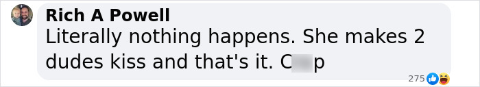 Comment by Rich A Powell discussing a scene where two men kiss, expressing disappointment.