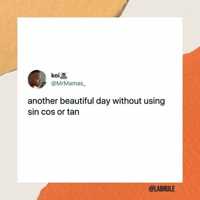 Funny science meme about enjoying a day without using trigonometry terms: sin, cos, or tan.