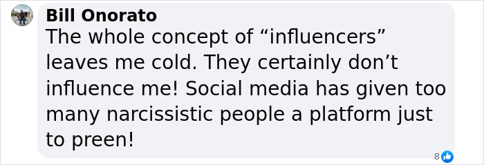 Text image expressing skepticism about influencers and social media's impact on narcissism.
