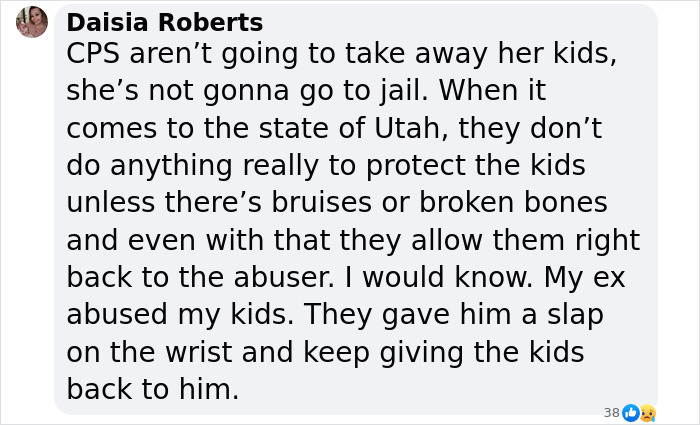 Text comment addressing CPS and child protection issues in Utah related to a controversial momfluencer video.
