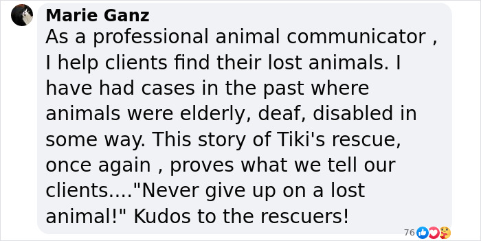 Marie Ganz comments on rescuing a lost blind cat, praising rescuers.