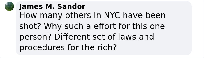 Comment highlighting concerns over NYC shooting and unequal legal attention for the wealthy. Comment highlighting concerns over NYC shooting and unequal legal attention for the wealthy.