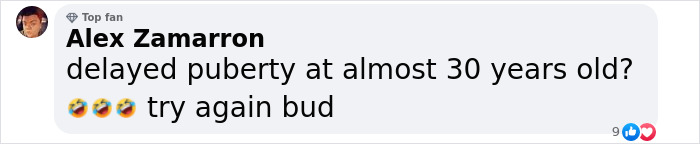 Comment questioning plastic surgery rumors about Matt Rife's changing appearance, mentioning delayed puberty humorously.