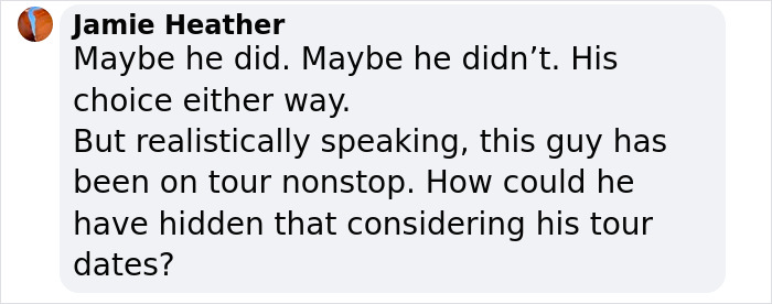 Comment discussing Matt Rife, questioning plastic surgery rumors due to his busy tour schedule.