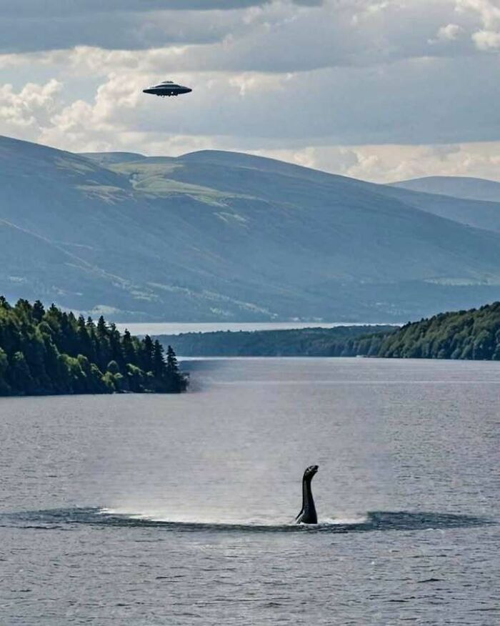 Loch Ness with UFO above, capturing the whimsical essence of Scotland.