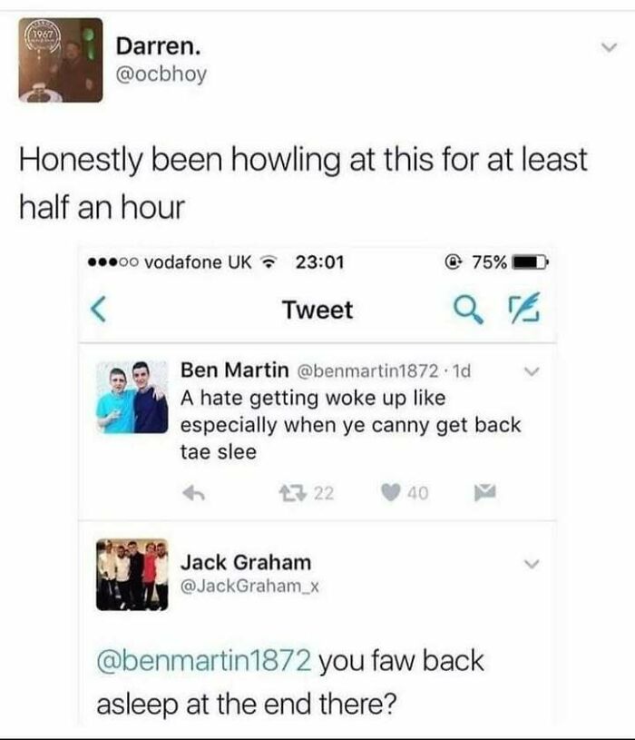 Humorous Scottish tweets about sleep and language quirks.