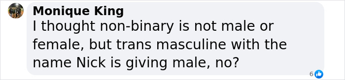 Comment discussing trans masculine non-binary identity and naming conventions.