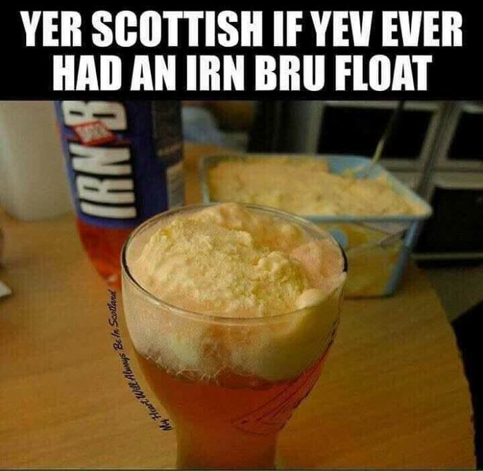 Scottish humor: Irn Bru float in a glass with ice cream in a tub and a bottle of Irn Bru on a table.
