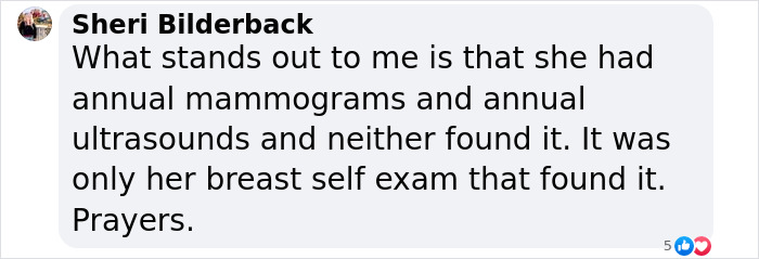 Comment highlighting Nicole Eggert's cancer diagnosis missed by mammograms, found through self-exam.