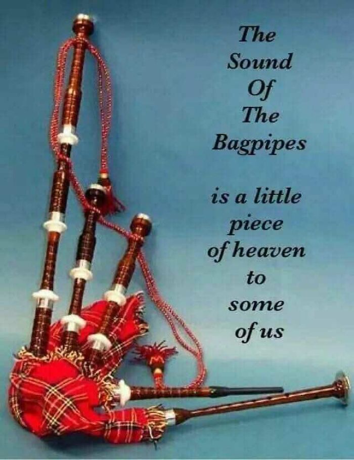 Scottish bagpipes with tartan fabric, accompanied by text praising their heavenly sound.