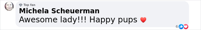 Screenshot of a Facebook comment praising a woman for a dog train creation, expressing joy for happy pups.