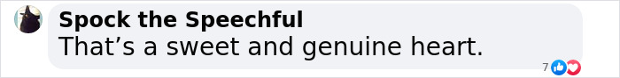 Text message from Spock the Speechful saying, "That's a sweet and genuine heart," about a woman building a dog train.