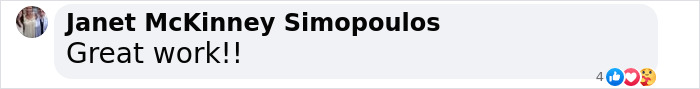 "Comment saying 'Great work!!' by Janet McKinney Simopoulos with emoji reactions visible.