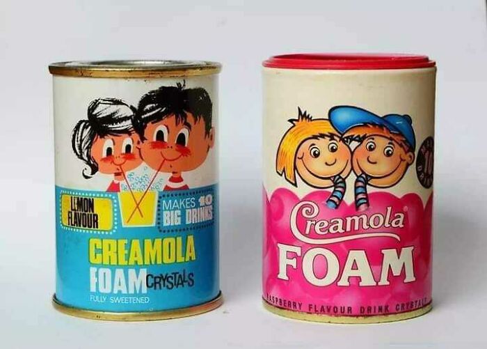 Vintage Creamola Foam drink cans, showcasing iconic Scottish beverage packaging.