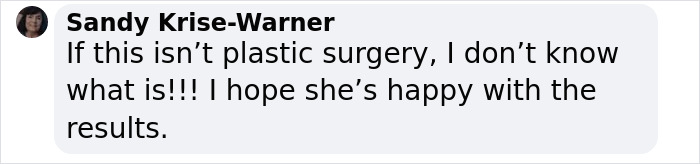 Text comment questioning plastic surgery results and expressing hopes for happiness.