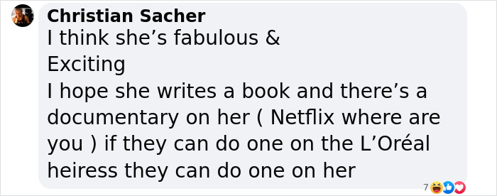 Comment by Christian Sacher praising Jocelyn Wildenstein, suggesting a documentary about her.