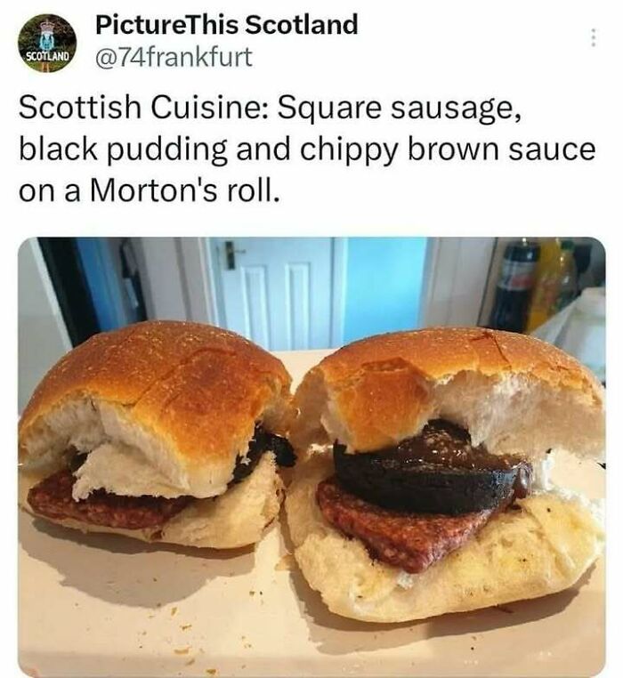 Scottish cuisine with square sausage and black pudding in a roll, highlighting humorous aspect of traditional Scotland food.