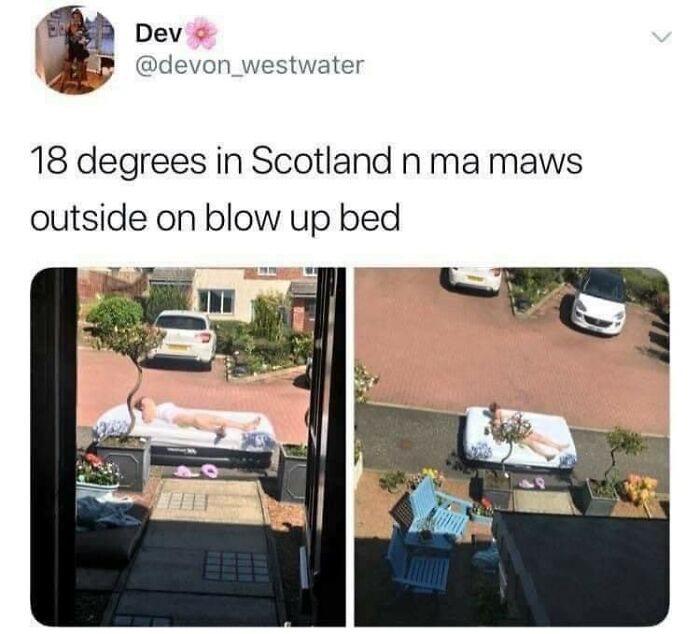 Person lying on an inflatable bed outside in sunny Scotland, captured humorously in a neighborhood setting.
