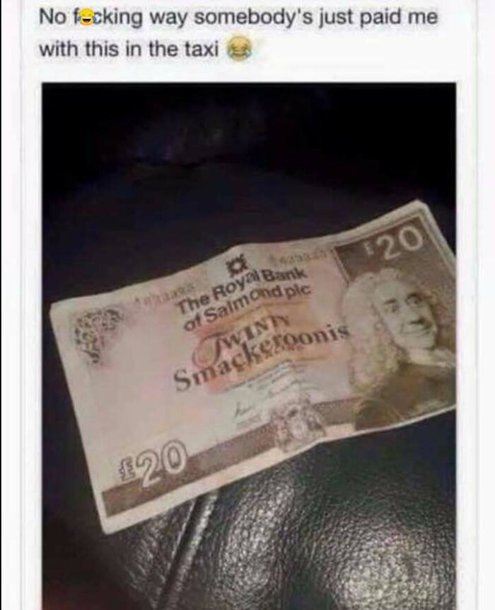 Scottish humorous fake currency note with text overlay about being used in a taxi payment.