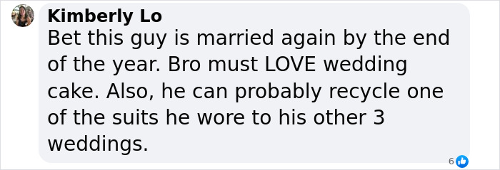 Text comment by Kimberly Lo joking about a person's multiple marriages and love for wedding cake.