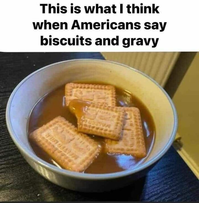 A bowl of biscuits in gravy, humorously illustrating a Scottish take on American cuisine.