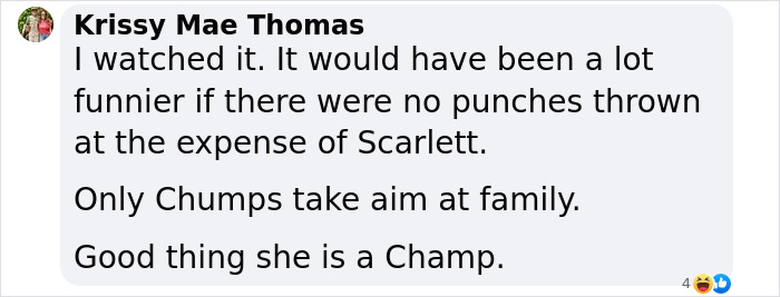 Comment about Colin Jost making jokes about Scarlett Johansson; highlights family dynamics.