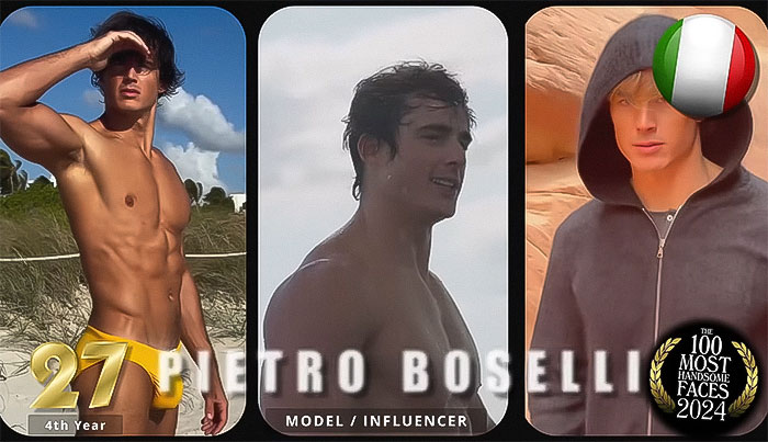 Model ranked among the most handsome men of 2024, in various outfits and settings.