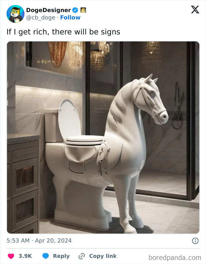 Horse-shaped toilet in luxurious bathroom, showcasing a humorous and unhinged meme.