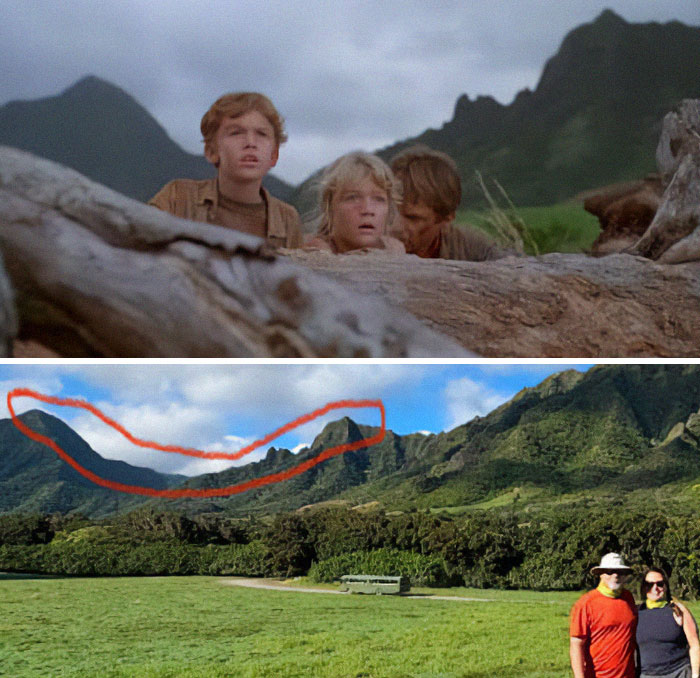 Famous movie location with prominent mountain landscape comparison in two images, featuring different settings and people.