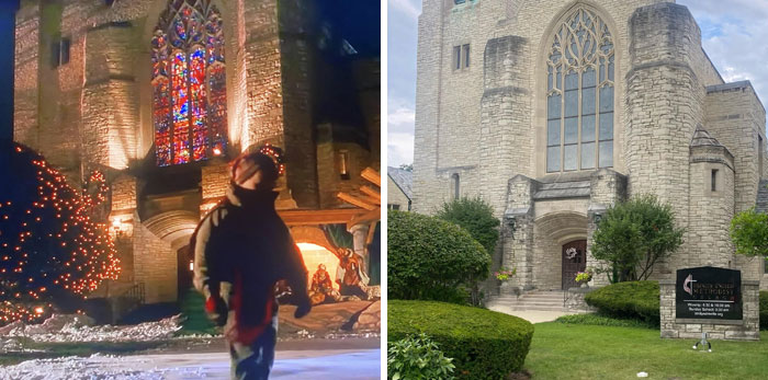 Famous movie location featuring a stone church facade, one image at night with lights, the other in daylight with greenery.