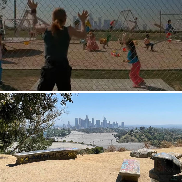 Famous movie location with a view of downtown Los Angeles and a children's playground in the foreground.