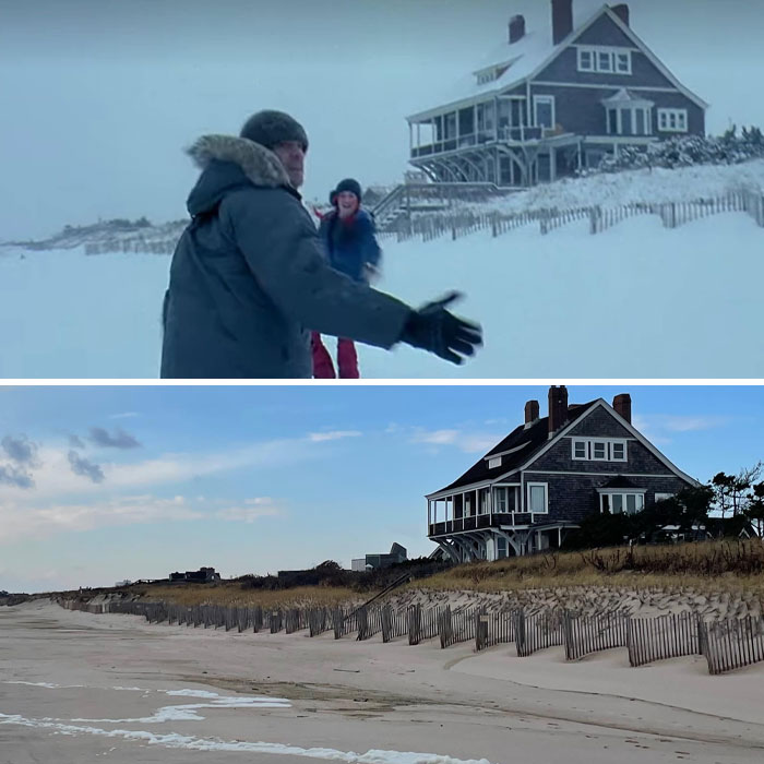 Beach house from a famous movie scene in winter and summer views.