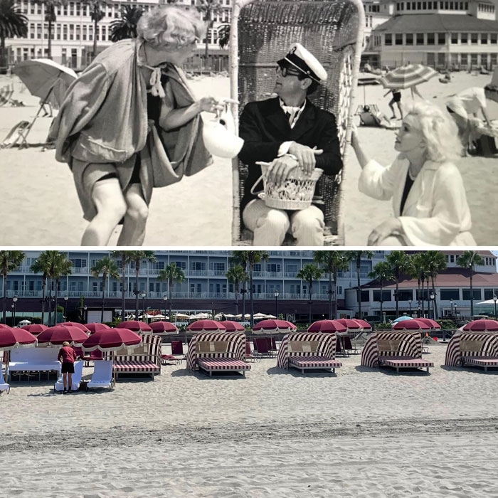 Beach with striped cabanas from a famous movie location, featuring scenes from a classic film.