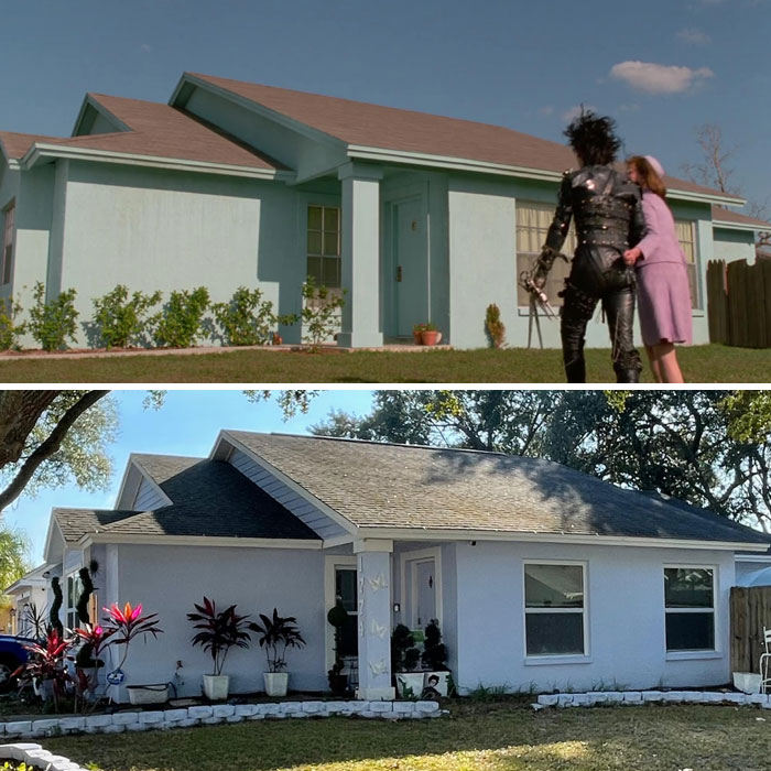 House featured in a famous movie scene, showing its iconic look then and now, highlighting film location history.