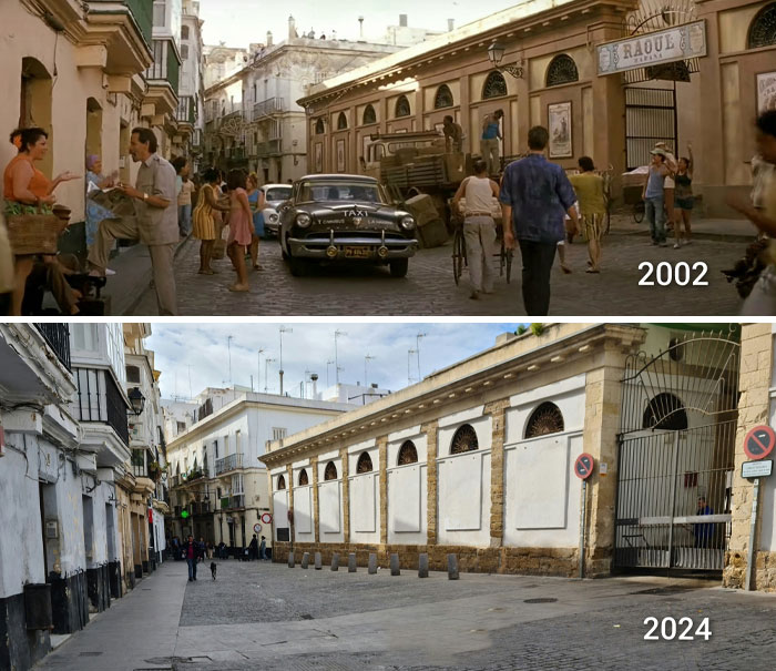 Street scene comparison of a famous filming location from 2002 and 2024.