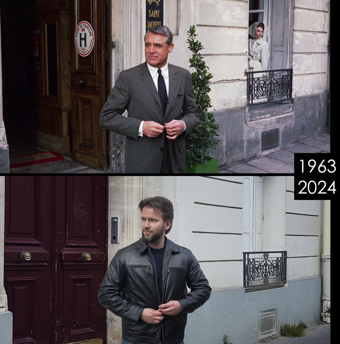 Famous filming locations: vintage and modern scenes outside a historical building in the city.
