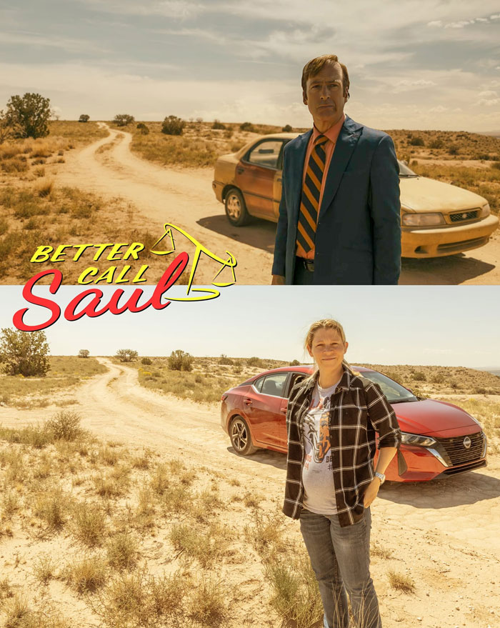 Desert road used in the filming of a popular movie, featuring a car and two people.