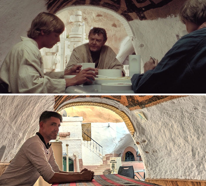 Man at a famous movie location in matching white, round, archway setting, with colorful rug and archway designs.