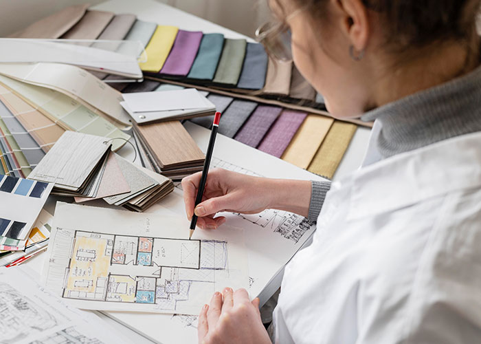 Designer sketching floor plans with fabric samples; reality TV shows inspiration.