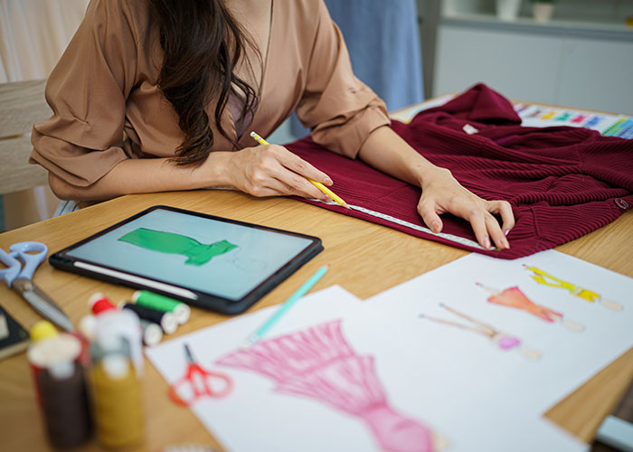 Designer working on reality TV show costume sketches and sewing, with tablet and fabrics on table.