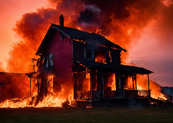 Burning house at sunset, representing intense scenes in reality TV shows.
