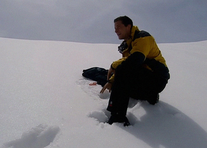 Person in a yellow jacket kneeling on snow, featuring reality TV insights.