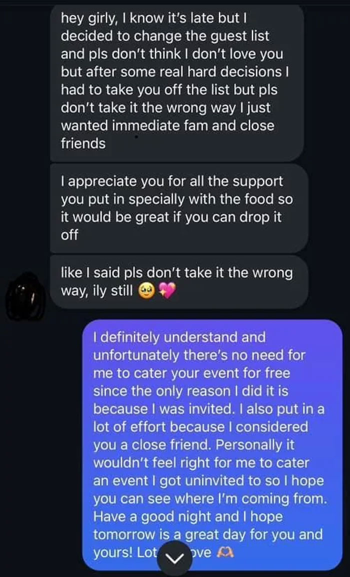 Text conversation about catering disagreement after a woman is uninvited from a baby shower. Text conversation about catering disagreement after a woman is uninvited from a baby shower.